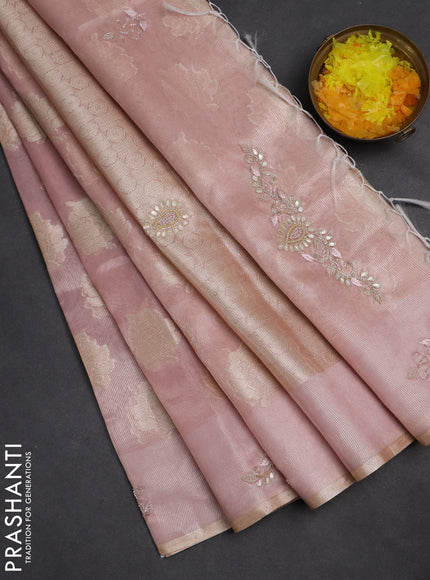 Kota tissue saree baby pink with zari woven floral buttas and embroidery butta border