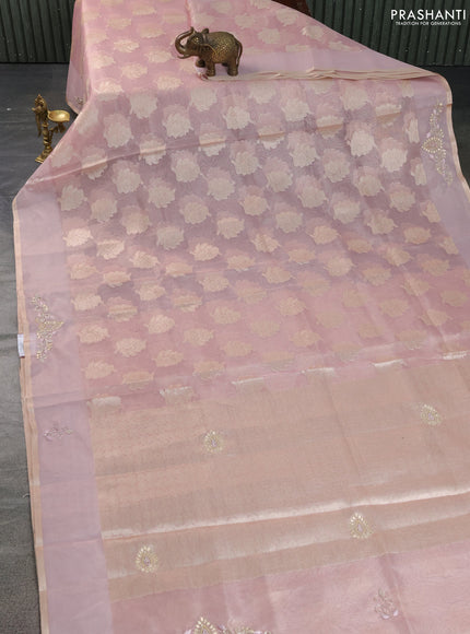 Kota tissue saree baby pink with zari woven floral buttas and embroidery butta border