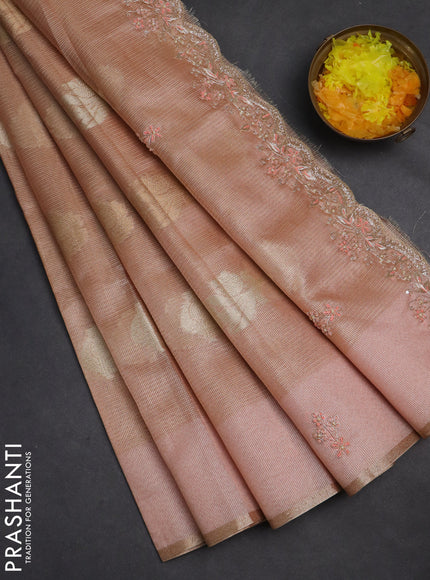 Kota tissue saree peach orange with zari woven buttas and embroidery butta border