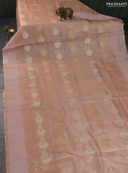 Kota tissue saree peach orange with zari woven buttas and embroidery butta border