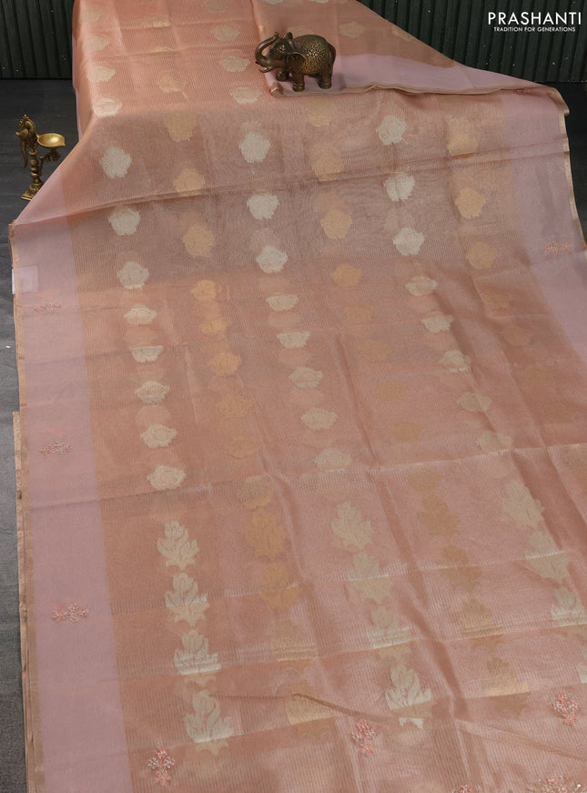 Kota tissue saree peach orange with zari woven buttas and embroidery butta border