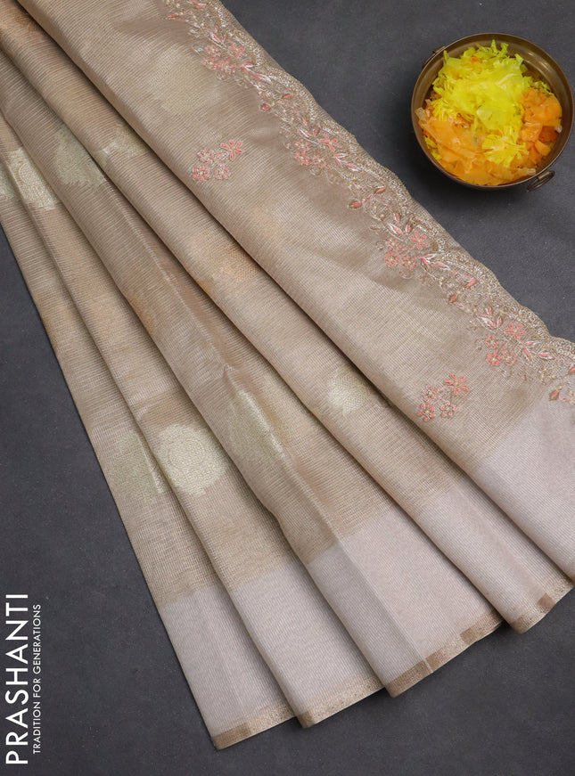 Kota tissue saree pastel grey with zari woven buttas and embroidery butta border