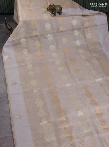 Kota tissue saree pastel grey with zari woven buttas and embroidery butta border