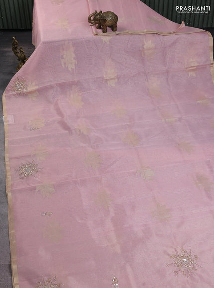 Kota tissue saree light pink with zari woven floral buttas and embroidery butta border