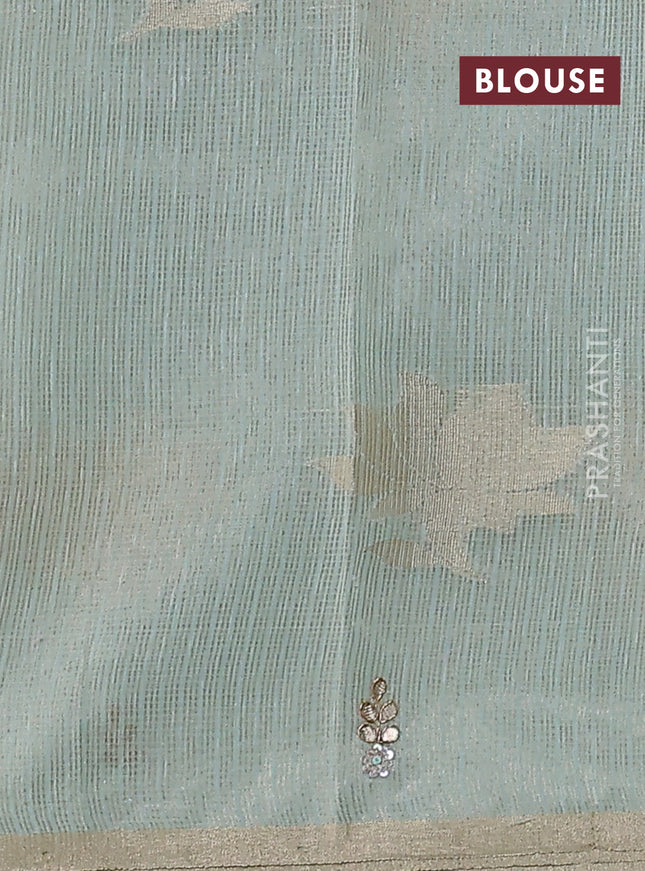 Kota tissue saree teal blue with zari woven floral buttas and embroidery butta border