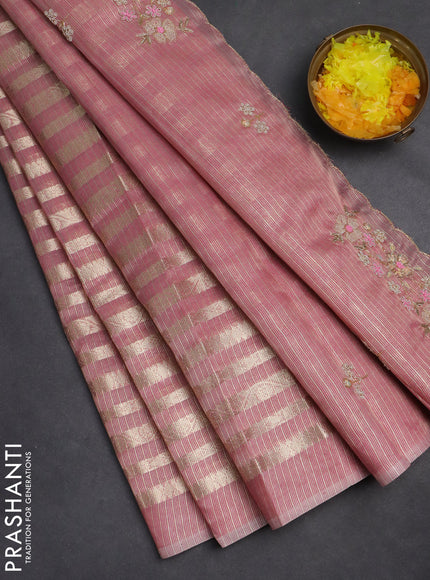 Kota tissue saree light pink with allover zari weaves and embroidery butta border
