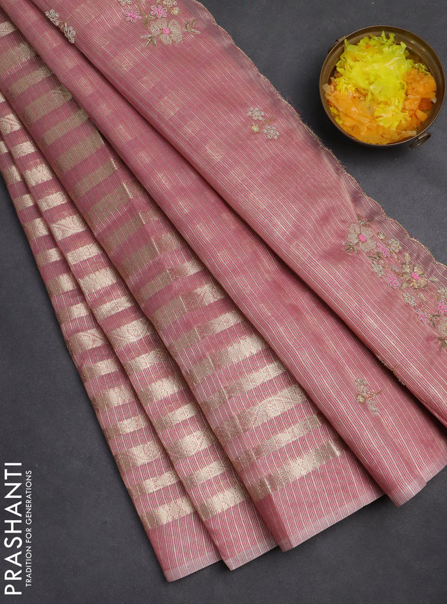 Kota tissue saree light pink with allover zari weaves and embroidery butta border