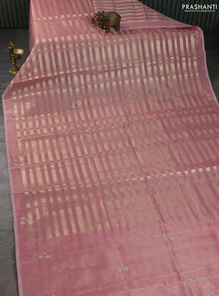 Kota tissue saree light pink with allover zari weaves and embroidery butta border