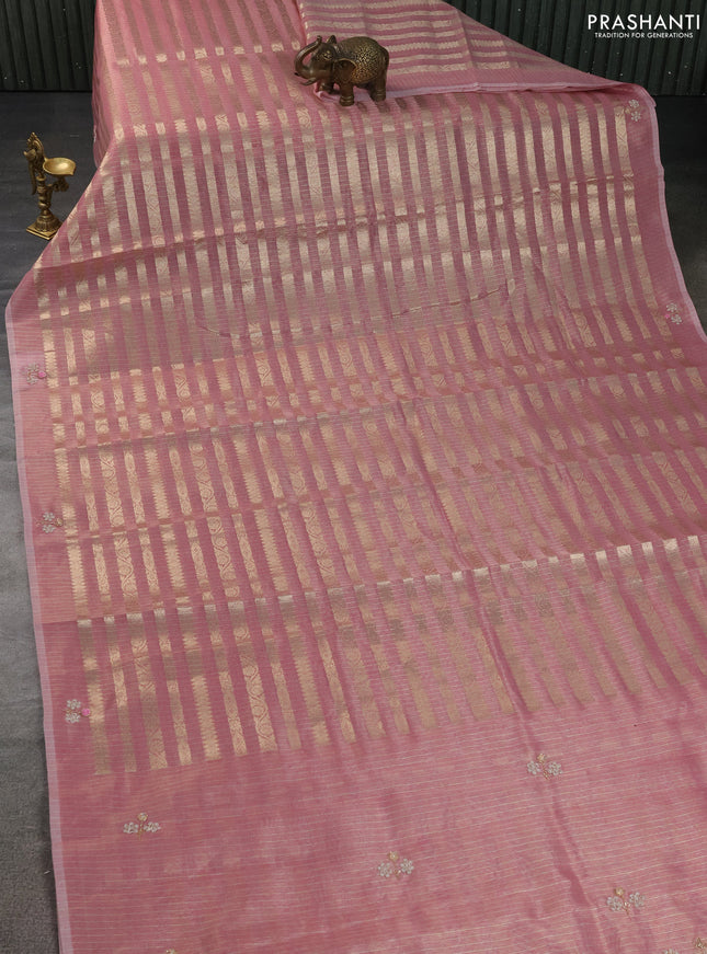 Kota tissue saree light pink with allover zari weaves and embroidery butta border