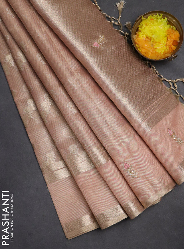 Kota tissue saree peach pink with allover zari weaves and zari woven embroidery butta border