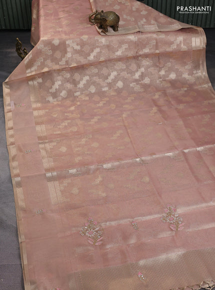 Kota tissue saree peach pink with allover zari weaves and zari woven embroidery butta border