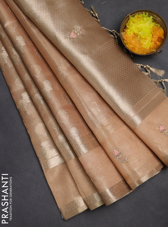 Kota tissue saree orange with allover zari weaves and zari woven embroidery butta border