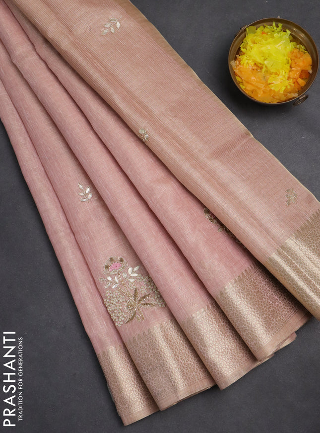 Kota tissue saree peach pink with embroidery buttas and zari woven border
