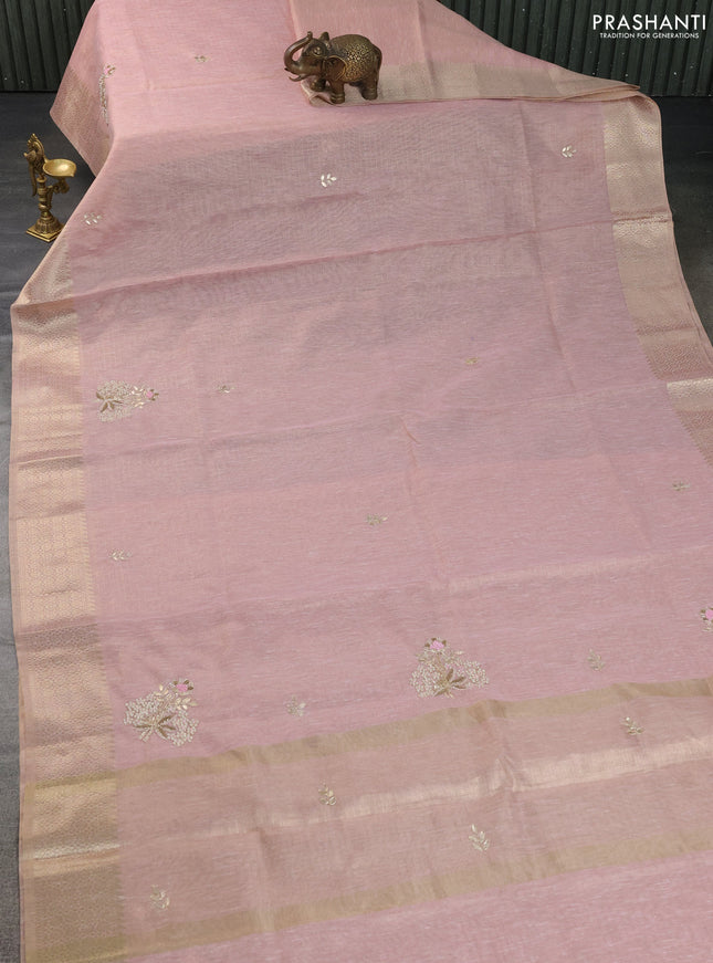 Kota tissue saree peach pink with embroidery buttas and zari woven border