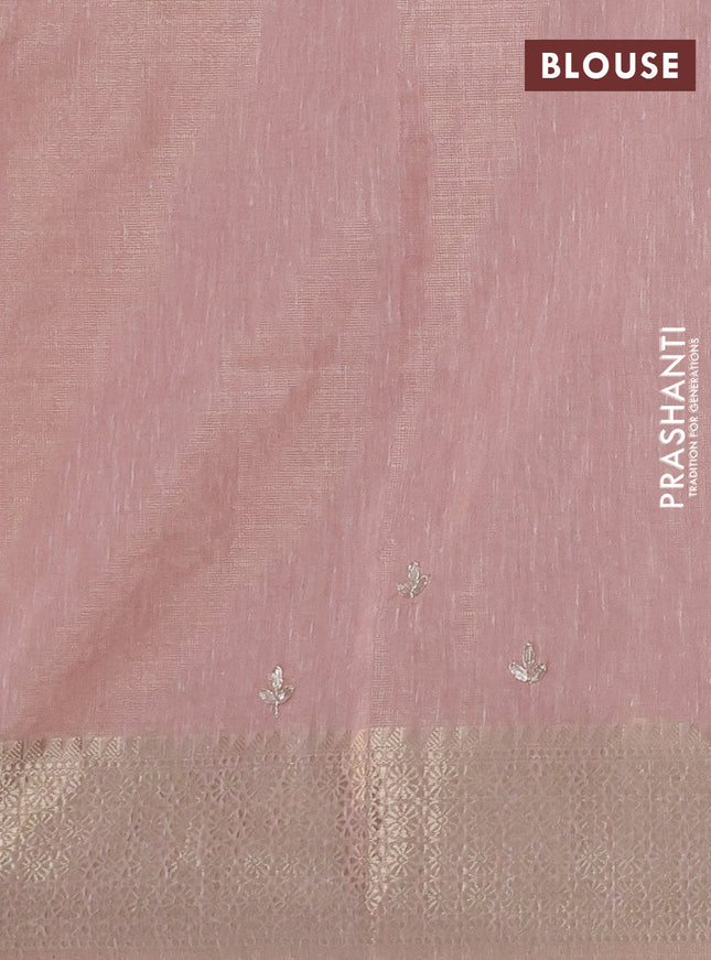 Kota tissue saree peach pink with embroidery buttas and zari woven border