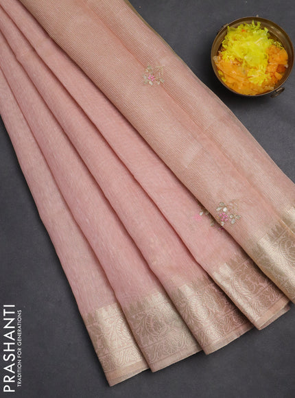 Kota tissue saree pink with embroidery buttas and zari woven border