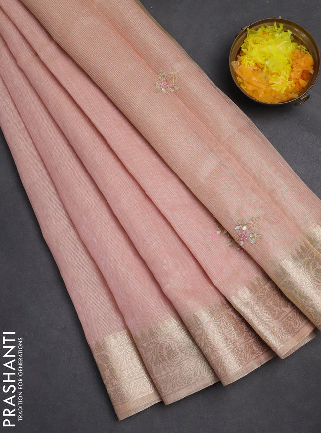 Kota tissue saree pink with embroidery buttas and zari woven border