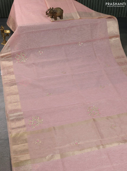 Kota tissue saree pink with embroidery buttas and zari woven border