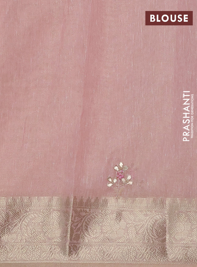 Kota tissue saree pink with embroidery buttas and zari woven border