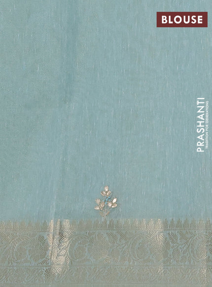 Kota tissue saree teal blue with embroidery buttas and zari woven border