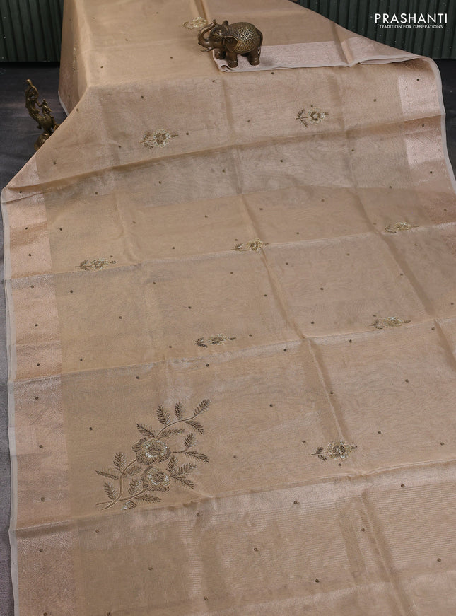 Kota tissue saree beige with embroidery buttas and zari woven border