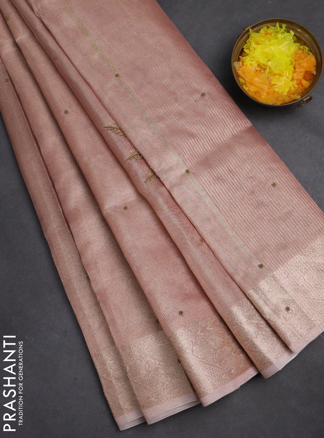 Kota tissue saree peach pink with embroidery buttas and zari woven border