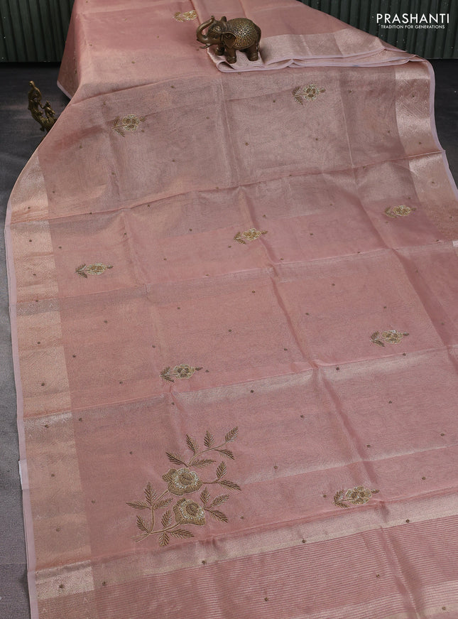 Kota tissue saree peach pink with embroidery buttas and zari woven border