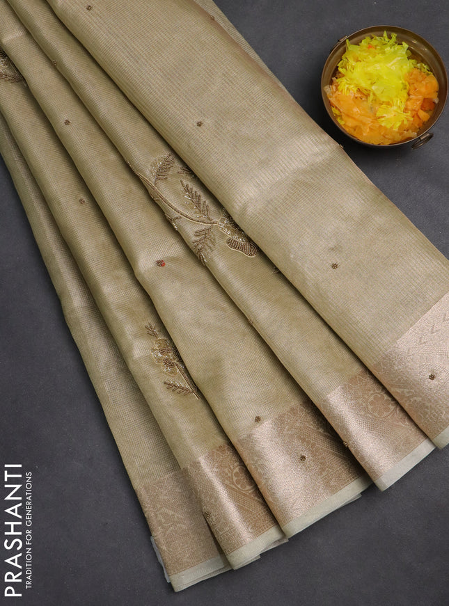 Kota tissue saree elaichi green with embroidery buttas and zari woven border