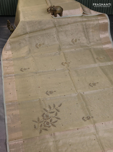 Kota tissue saree elaichi green with embroidery buttas and zari woven border