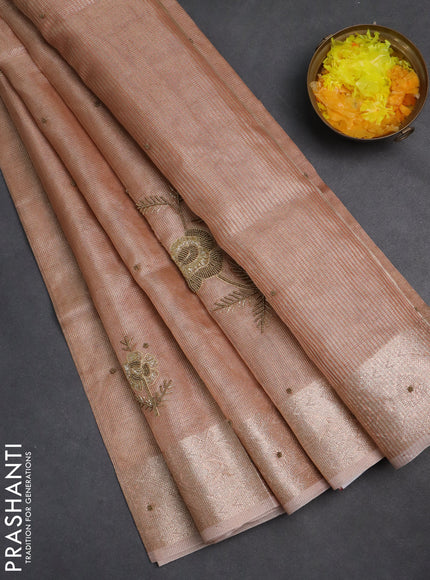 Kota tissue saree peach shade with embroidery buttas and zari woven border