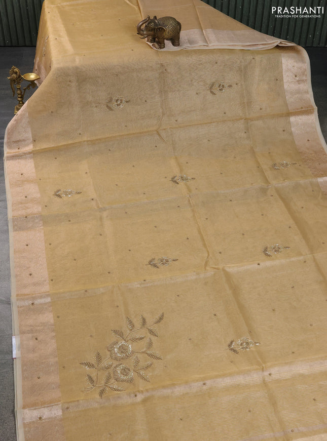 Kota tissue saree yellow with embroidery buttas and zari woven border