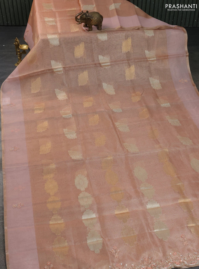 Kota tissue saree peach shade with zari woven buttas and embroidery butta border