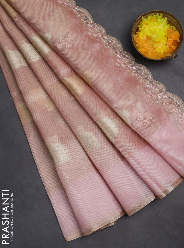 Kota tissue saree pastel peach pink with zari woven buttas and embroidery butta border