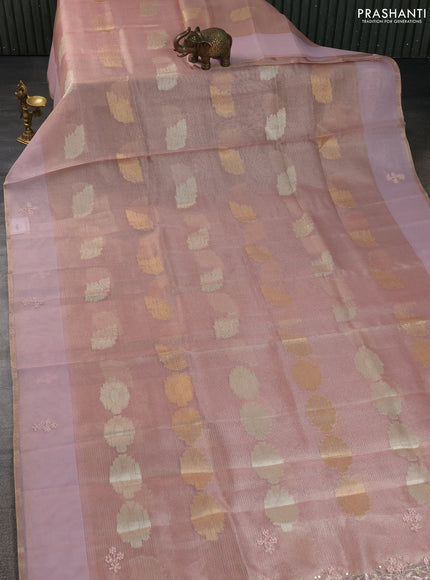 Kota tissue saree pastel peach pink with zari woven buttas and embroidery butta border