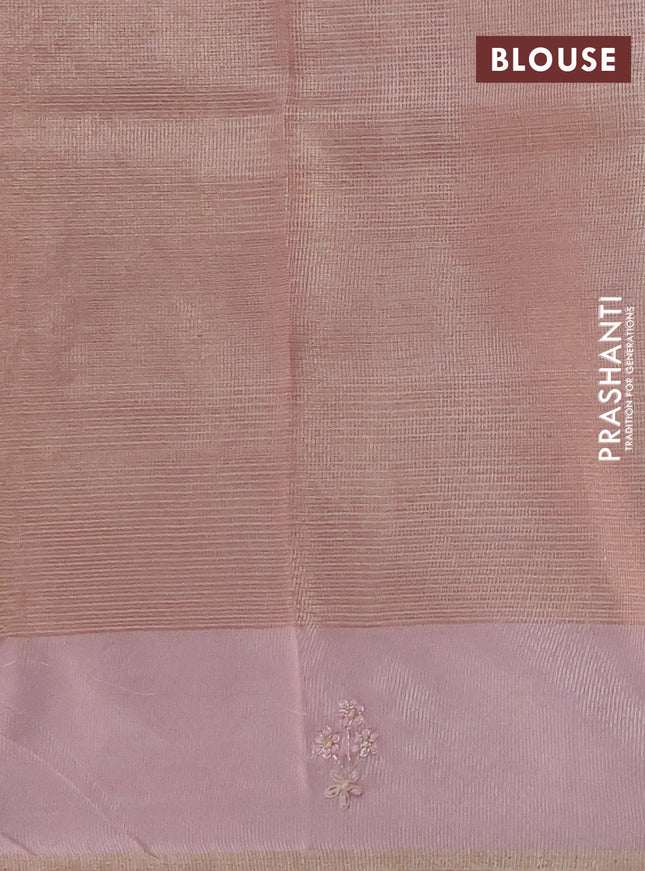 Kota tissue saree pastel peach pink with zari woven buttas and embroidery butta border