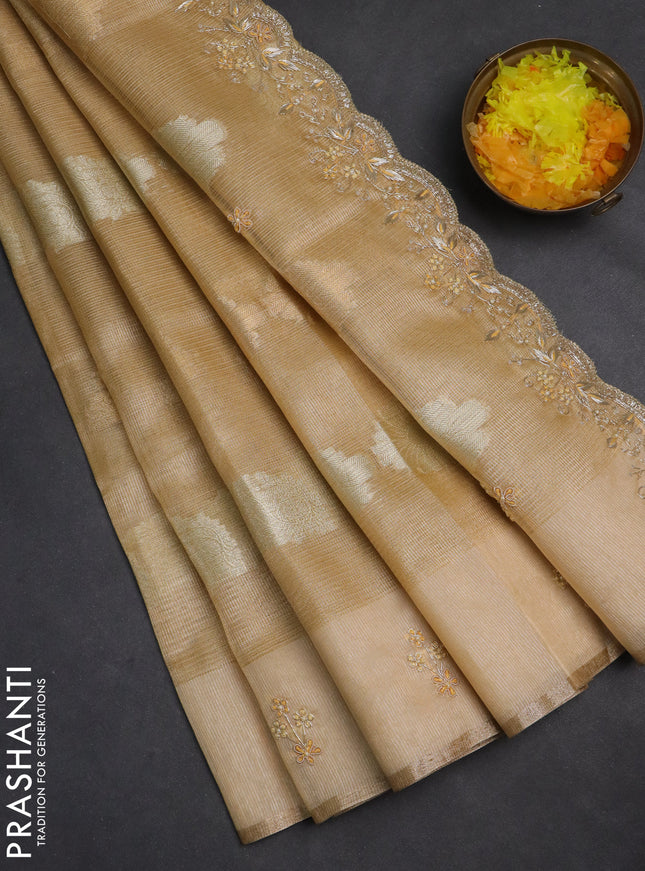 Kota tissue saree sandal with zari woven buttas and embroidery butta border