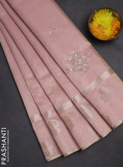 Kota tissue saree light pink with embroidery buttas and zari woven floral butta border