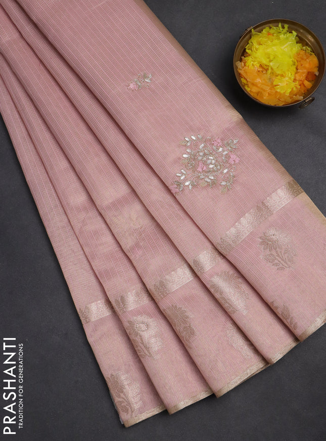 Kota tissue saree light pink with embroidery buttas and zari woven floral butta border