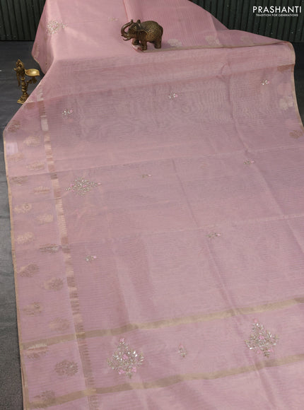 Kota tissue saree light pink with embroidery buttas and zari woven floral butta border