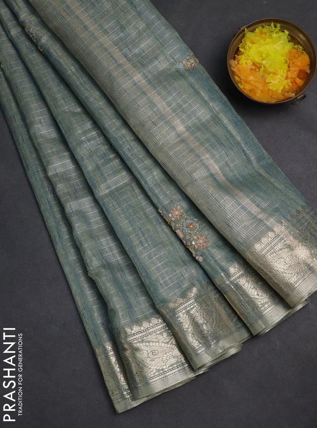 Kota tissue saree pastel blue with embroidery buttas and zari woven border