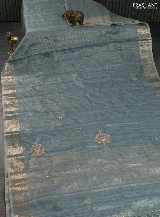 Kota tissue saree pastel blue with embroidery buttas and zari woven border