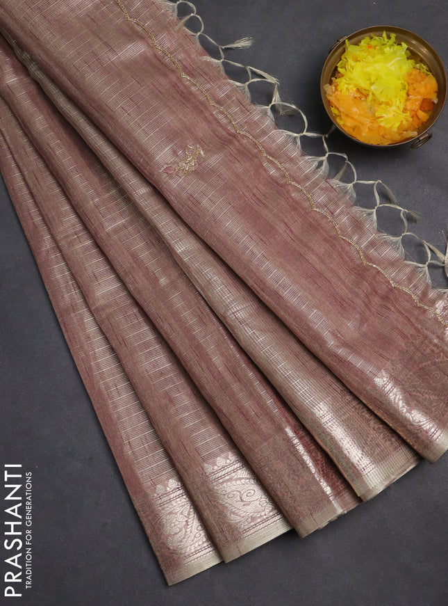 Kota tissue saree wine shade with embroidery buttas and zari woven border