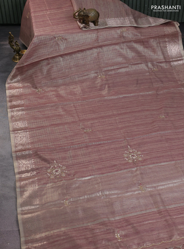 Kota tissue saree wine shade with embroidery buttas and zari woven border