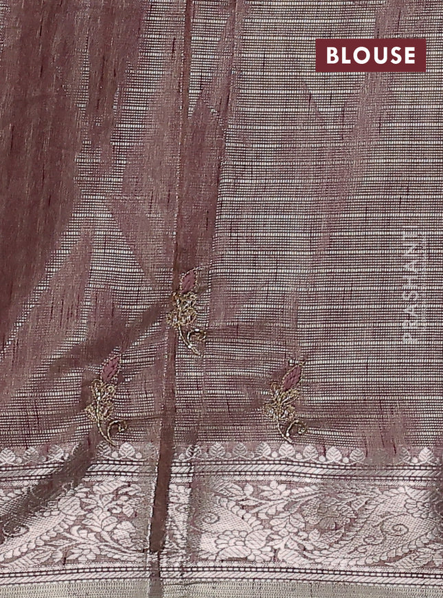 Kota tissue saree wine shade with embroidery buttas and zari woven border