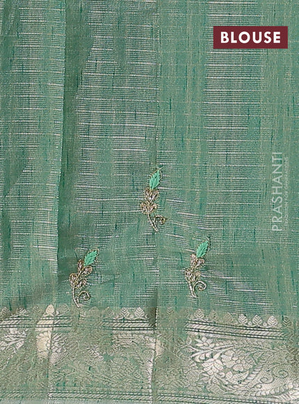 Kota tissue saree green shade with embroidery buttas and zari woven border