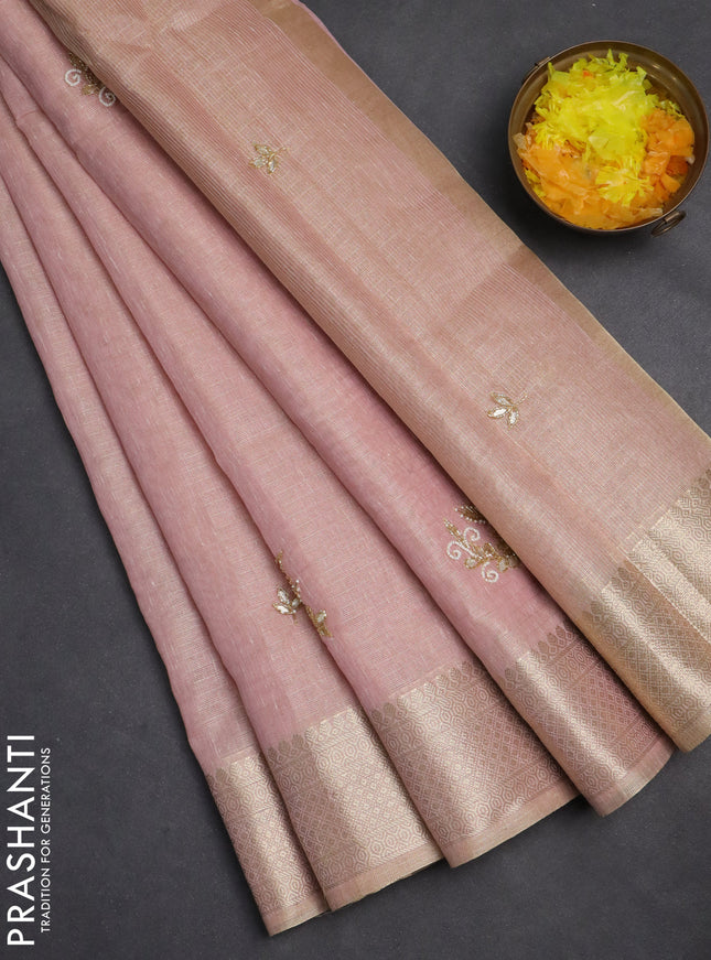 Kota tissue saree baby pink with embroidery buttas and zari woven border