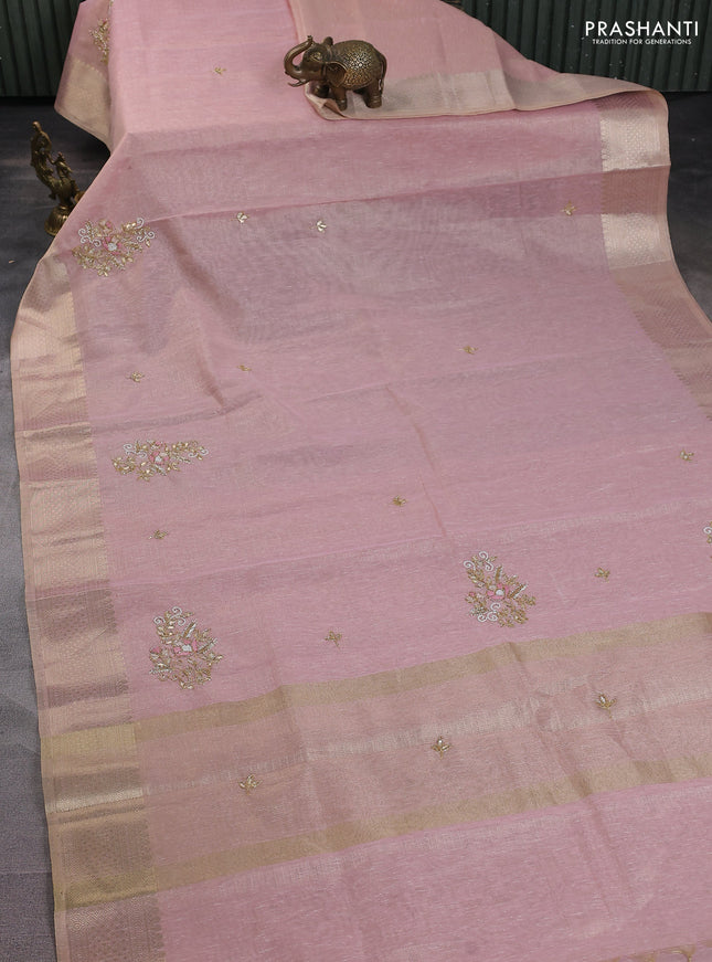 Kota tissue saree baby pink with embroidery buttas and zari woven border