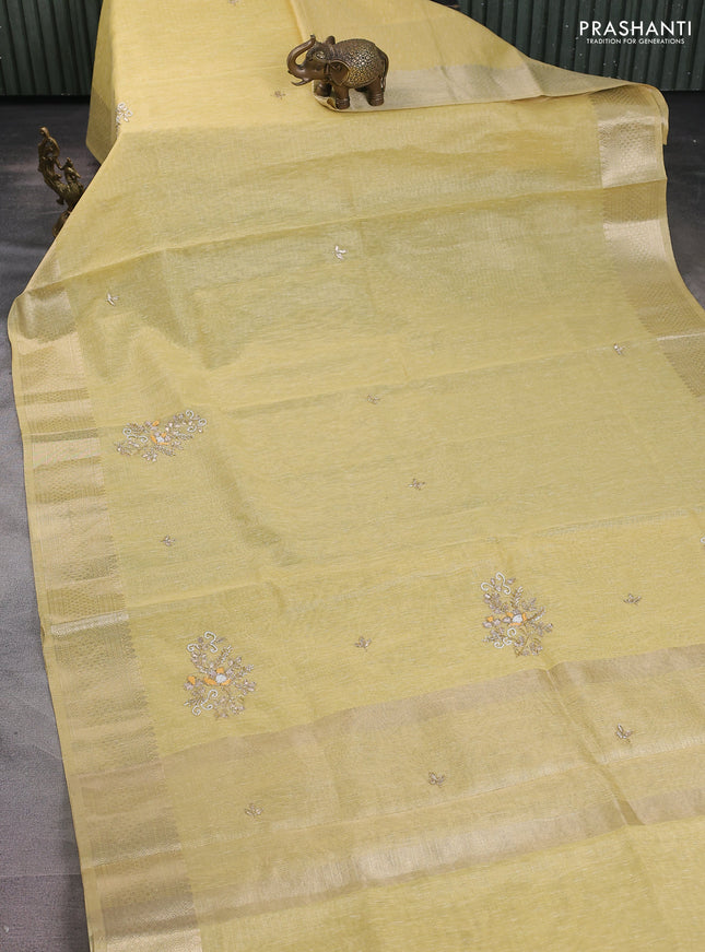 Kota tissue saree yellow with embroidery buttas and zari woven border