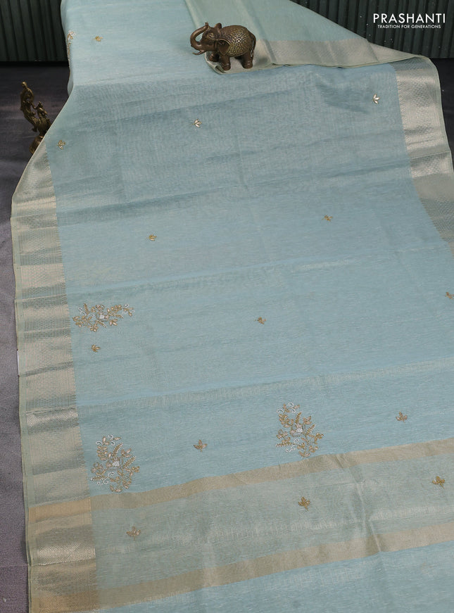 Kota tissue saree teal blue with embroidery buttas and zari woven border