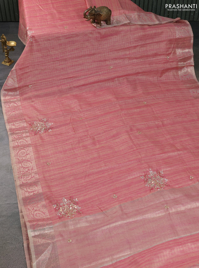Kota tissue saree pastel pink with embroidery buttas and zari woven border